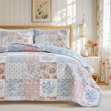Floral Cotton Quilt Set, Elegant Flowers Grid Patchwork Design, 3 Pieces Queen