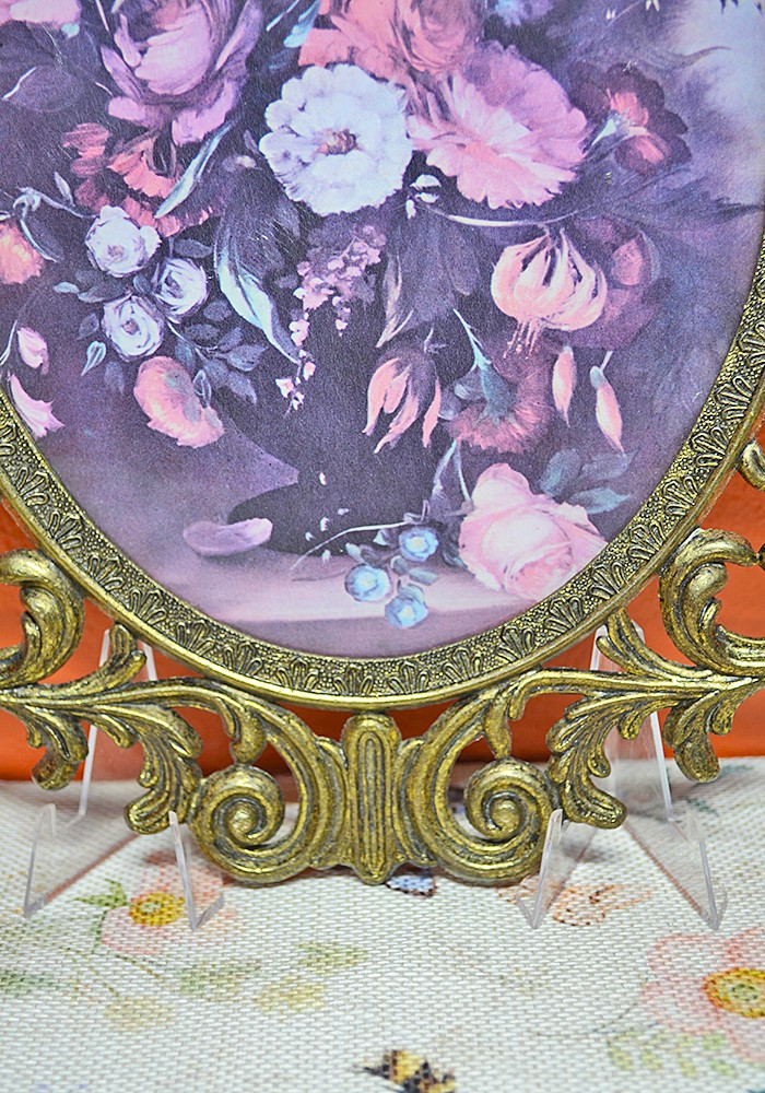 Vintage Italian Floral Print With Convex Bubble Glass Ornate Brass