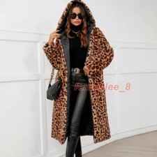 Stylish Women  s Hooded Leopard Print Plush Faux Fur Long Winter Coat