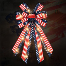 Large LED Patriotic Wreath Bows for Front Door, Veterans Day Red Blue White Stri