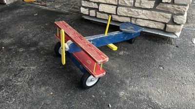 Vintage Wooden Airplane Ride On Toy Push Plane Kids Rolling Toy Red Blue