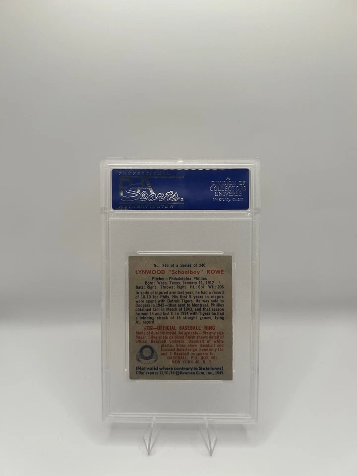1949 Bowman Lynwood “Schoolboy” Rowe Phillies PSA 6 Excellent-Mint - Image 3 of 3