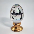 FENTON Carnival Glass Egg Man & Woman Silhouette Croquet Dog Gold Stand Signed