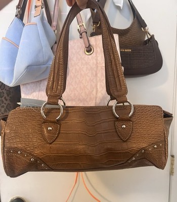 Tommy Hilfiger Brown Croc Embossed Top Zip Satchel Top Handle, Silver HW