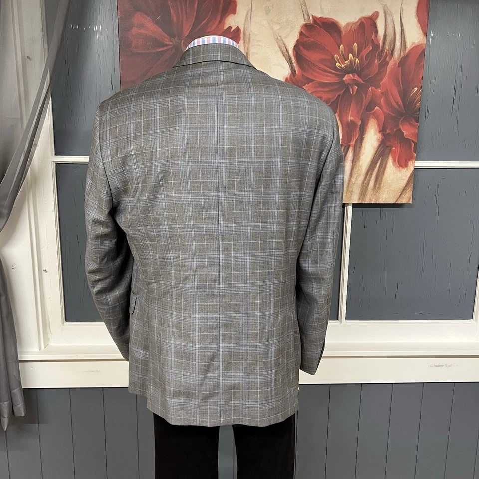 Traje Peter Millar Top Blazer Chaqueta Abrigo Deportivo Para Hombre 48R Lana Gris/Azul Cuadros Foto 3 de 4