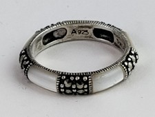Vintage Sterling Silver Mother Of Pearl  Marcasite Band Ring Size 8