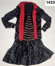 1920s Flapper Dress Drop Waist Black Satin Red Scalloped Trim Art Deco XS/small