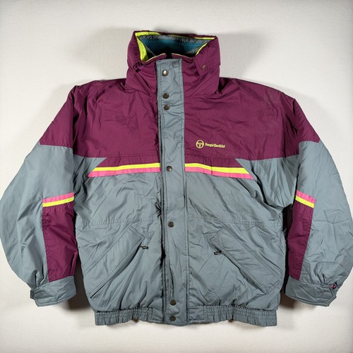 Sergio Tacchini, Vintage Sergio Tacchini Jacket Mens Large Gray Purple Ski Puffer Hooded 80s 90s