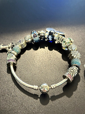 PANDORA Sterling Silver Bangle with charms CZ (original) with ring size 7
