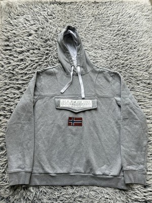 Napapijri Burgee Hoodie Mens XL Gray Outdoor Adventure Kangaroo Pocket Spell Out