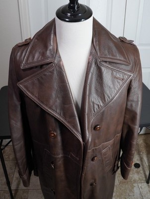 Vtg 70's Leather Trench Coat Lakeland Double Breasted Belted Mens 40 Disco Mafia