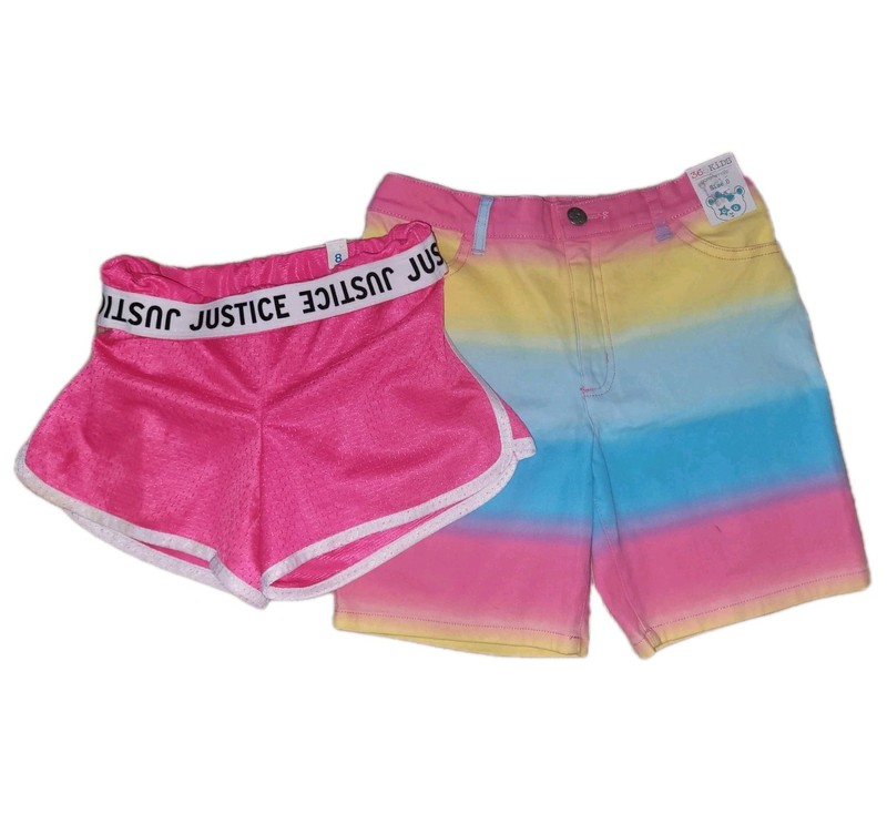 🌸 Girl's Sz 8 Shorts Lot Stripe Bermuda & New Justice Pink Soft Mesh Athletic M