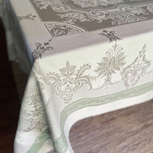 Garnier Thiebaut - Beauregard Jacquard French Tablecloth 73x92" Green Vert Taupe - Picture 8 of 21
