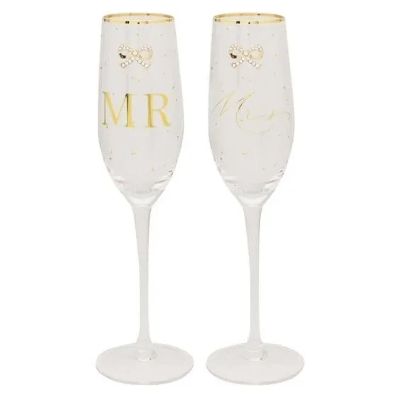 Mr & Mrs Wine Glass Set Wedding Gift Bride Groom Flute Glasses Toasting Jewelled - image 2 of 4