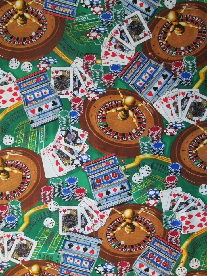 BARAJA DE CARTAS DE RULETA TRAGAMONEDAS FICHAS PÓKER VEGAS JUEGOS TELA DE ALGODÓN FQ Foto 2 de 4