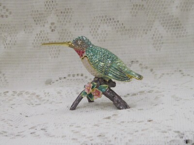 GREEN HUMMINGBIRD ON BRANCH JEWELED PEWTER TRINKET BOX 3