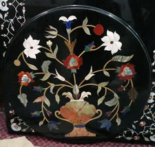 15'' Round black Marble Coffee Table Top Stone Inlay side Sofa Table decor room