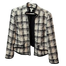 Chico's Black white blazer jacket Size 2 wool blend Plaid tweed Size 12