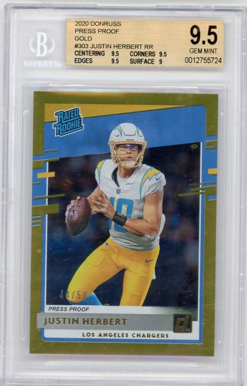 2020 Donruss Justin Herbert Press Proof Gold #303 RC #'d 44/50 BGS 9.5 GEM MINT