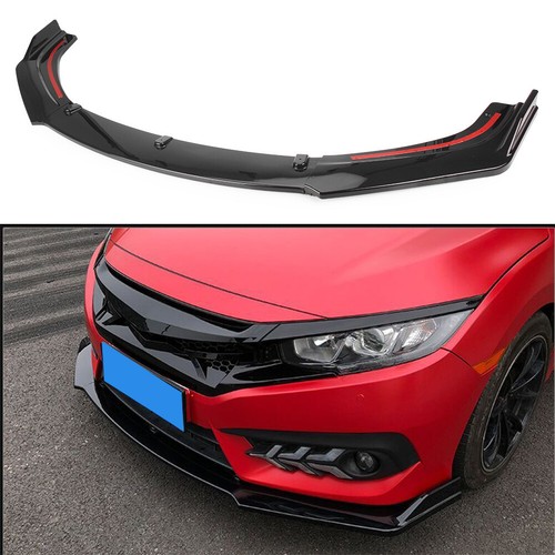 Glossy Black Front Bumper Splitter Spoiler Lip For 2016-2021 Honda Civic (3-Piece Set)