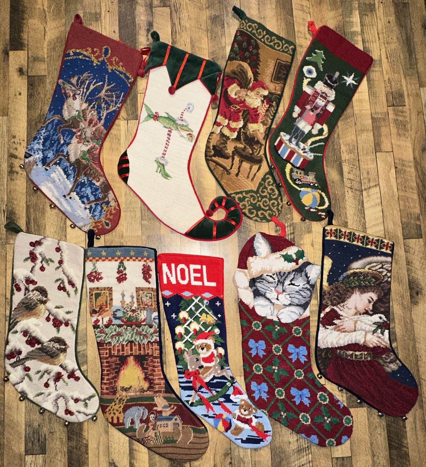 1 Sferra Reindeer Christmas Stocking + 8 Needlepoint Christmas Stocking