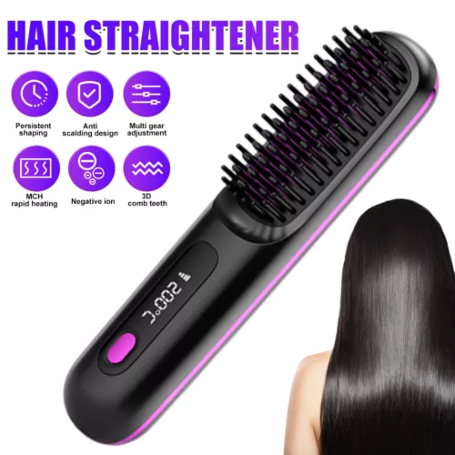 Hair Straightener Brush Negative Travel Portable Cordless Fast Heating Hot Comb - Picture 3 of 16