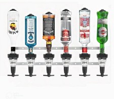 6 Bottle Wall Bracket + 6 Black 25ml Optic Spirit Measures Home Bar Pub Set