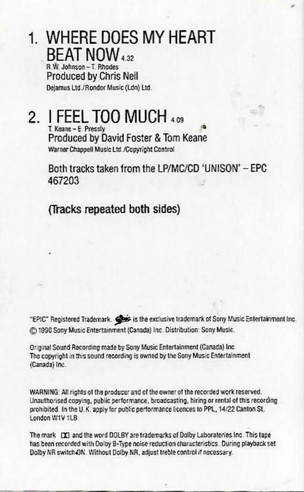 Celine Dion Where Does My Heart Beat Now cassette single Pop Vocal Ballad - Image 3 of 4