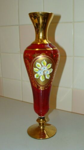 Vintage Czech Ruby Red Vase with Gold Trim & Hand Painted Flowers 10.7