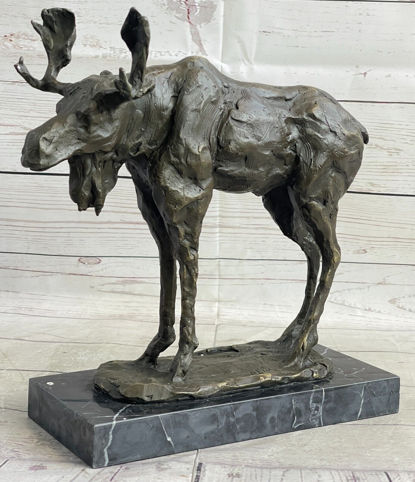 12-Inch Bronze Marble Bull Moose Lodge Statue Art Deco Museum-Quality Sculpture