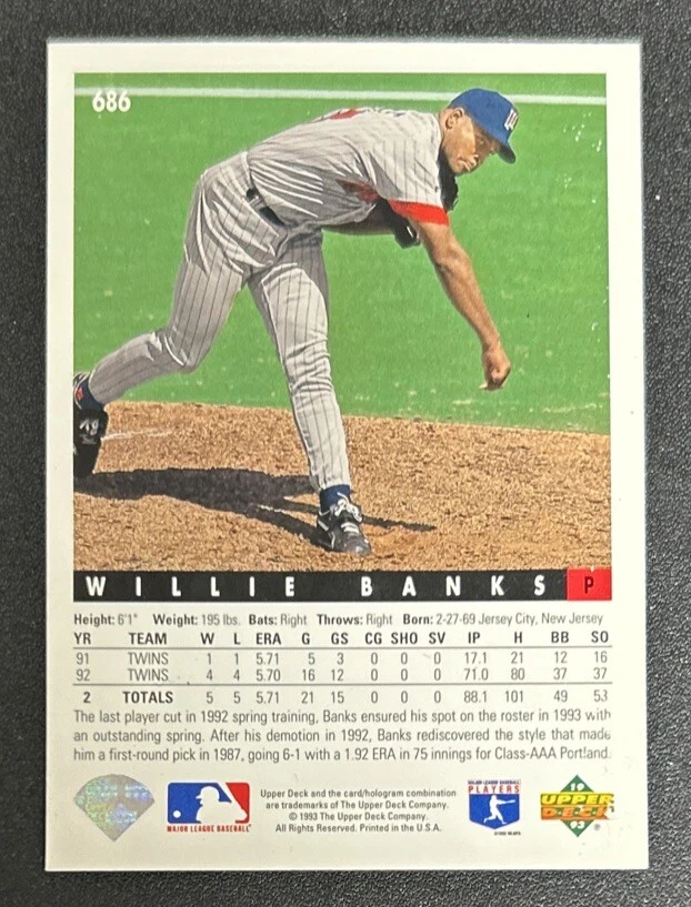 1993 Upper Deck Willie Banks Baseball Card #686 Twins Pitcher Poor - Image 2 of 2
