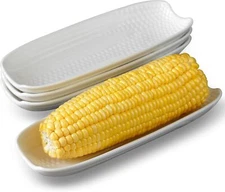 Ceramic Corn Cob Rack 8.8” Corn Plate Set of 4, White Plates 