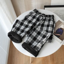Lady Tartan Plaid Straight Pants Retro Warm Thick Fleece Thermal Lined Trousers