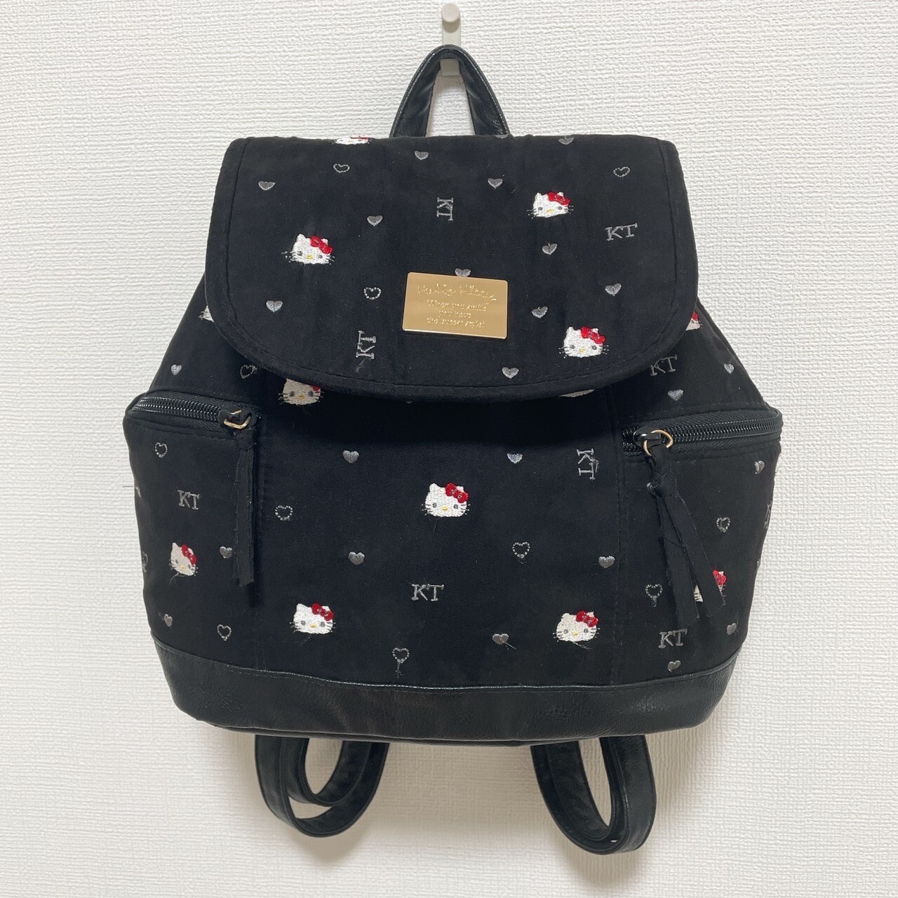 Sanrio Hello Kitty Black Embroidered Backpack Kawaii Japan W14xH10xD4inch
