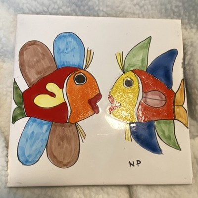 Hand Painted Ceramic Square Glazed Multicolor Fish Tile Signed NP