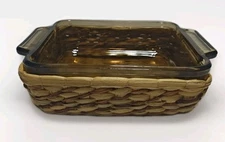 Vintage Anchor Hocking Basket Buffet Square Cake Dish With Woven Basket