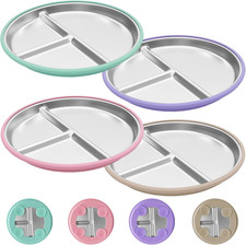 Stainless Steel Baby Plates with Suction, 4 Pack Kids Toddler Plates Set with St