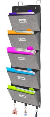 Wall Hanging File Folder, 5 Pockets, Paper Organizer, Office Supplies, Grey