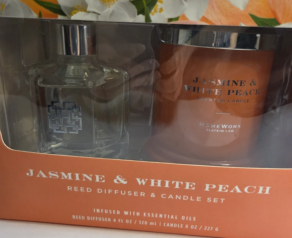 Homeworx Slatkin & Co. Jasmine And White Peach Reed Diffuser And Candle - Image 3 of 4
