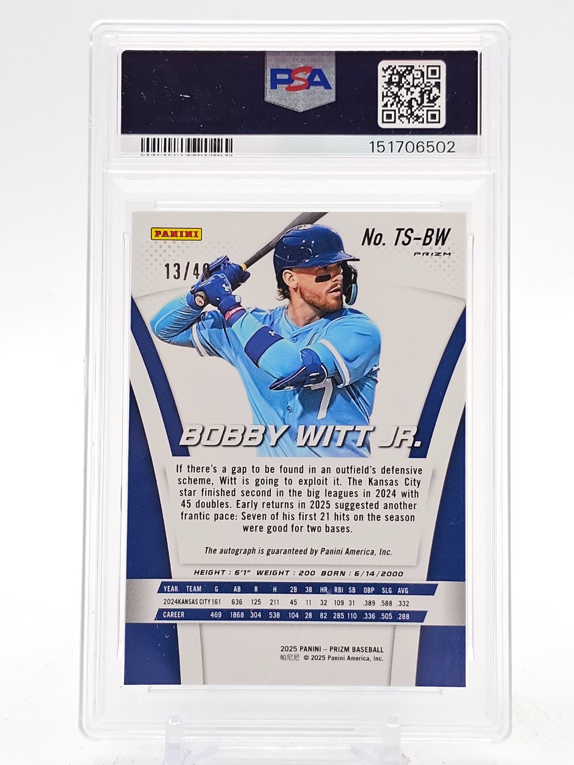 BOBBY WITT JR. 2025 PANINI PRIZM THROWBACK SIGNATURES BLUE AUTO /49 PSA 10 Q3414 view 2
