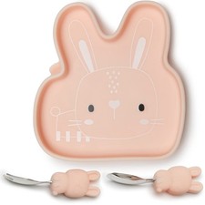 Toddler Silicone Suction Snack Plate, Learning Fork and Spoon Set Bunny 