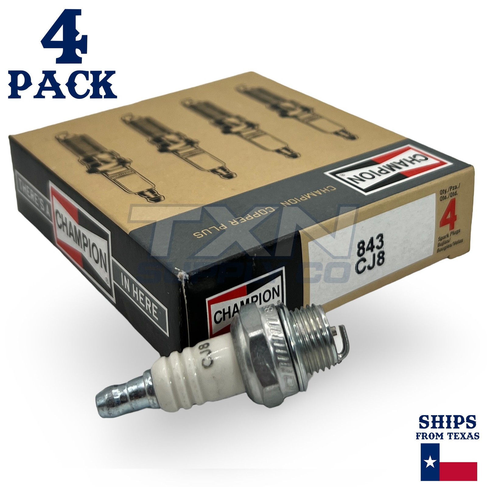 Box of 4 Four Champion CJ8, 843 Spark Plug Replaces NGK BM6A, 5921 Bosch WS8E