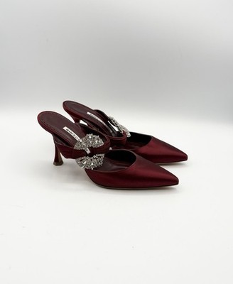 Manolo Blahnik Burgundy Red Satin Maidugur Rhinestone Embellished Mules EU 36.5