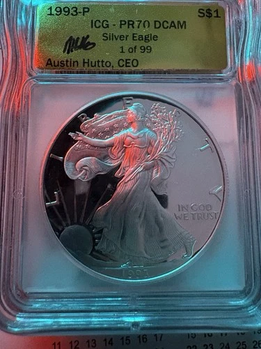1993 P PROOF SILVER EAGLE ICG PR70 DCAM AUSTIN HUTTO SIGNED GOLD LABEL 1 Of 99