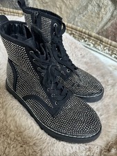 Madden Girl Black Dymond Zip Up Combat Boots Silver Rhinestone Studded Size 8.5