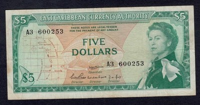EAST CARIBBEAN STATES 5 DOLLARS (1965) PICK # 14a F-VF.