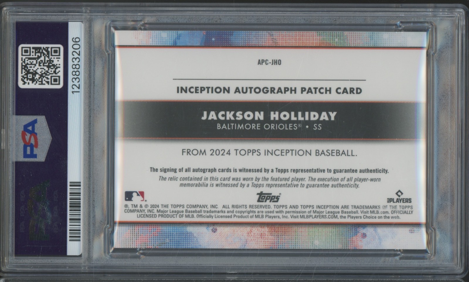 2024 Topps Inception Jackson Holliday 36/200 Auto Patch RC Rookie PSA 8 view 2