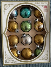 VINTAGE SHINY BRITE GLASS CHRISTMAS TREE ORNAMENTS ASSORTMENT IN ORIGINAL BOX