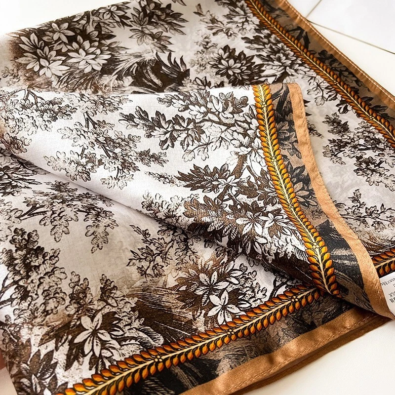 100% Silk Scarf Women Vintage Brown Flowers Kerchief Square Bandana Wrap 68*68cm - Image 3 of 4