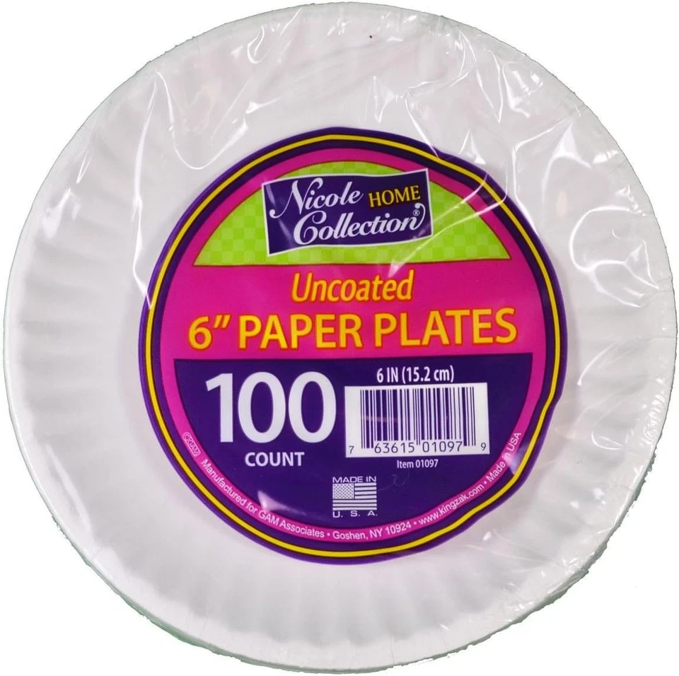 Platos de papel blanco redondos desechables de 6" sin recubrimiento de 100 quilates Foto 3 de 4